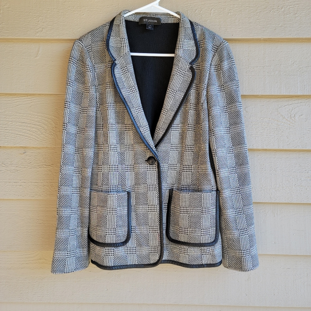 ST. JOHN Knits Santana Houndstooth Button Blazer Leather Wool, Womens Size 10